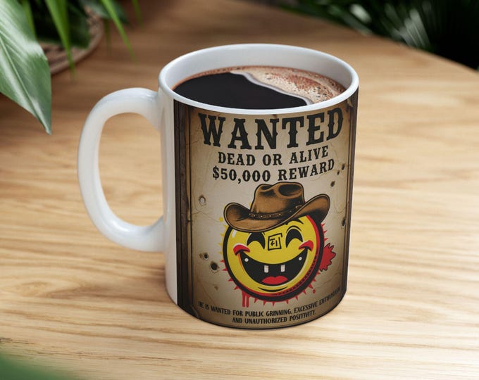 Smiley Outlaw Wanted Poster Mug | Ceramic Coffee Cup