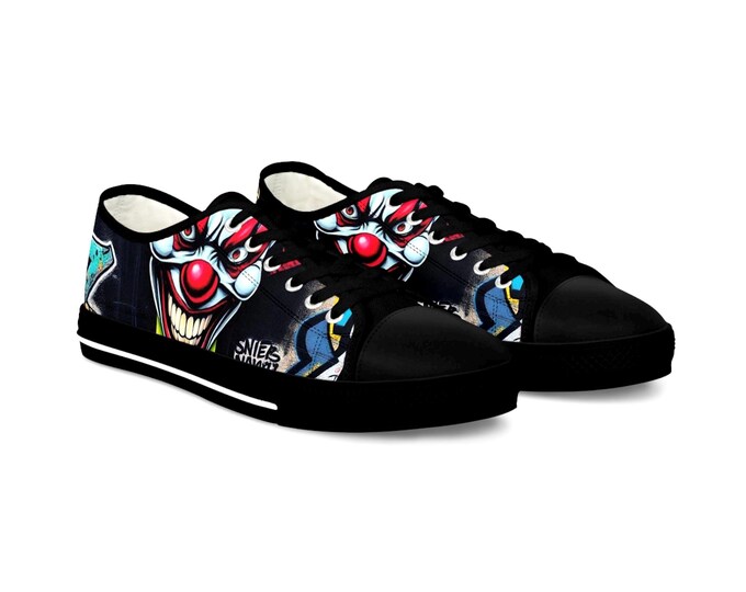 Creepy Clown Graffiti Face men's low top shoes | Horror Carnival Pattern