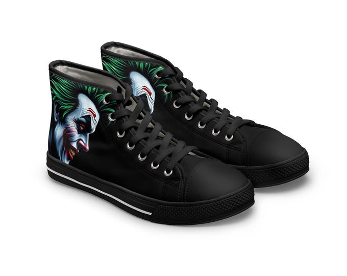 Joker Face Illustration Women's High Top Sneakers | Clown Villain Art, Black Green