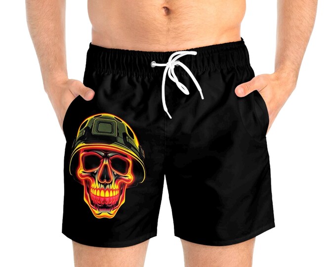 Flaming Skull Helmet Swim Trunks | Neon Military Combat Shorts