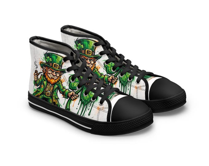 Leprechaun and Shamrock Women's High Top Sneakers | St. Patrick's Day Green Art