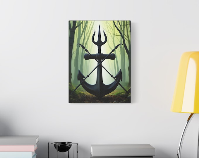 Anchor and Trident Forest Illustration Canvas | Stretched Matte Canvas