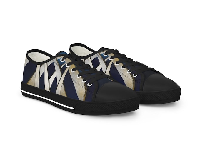 Geometric Striped Canvas Sneakers | Navy Blue Low Tops