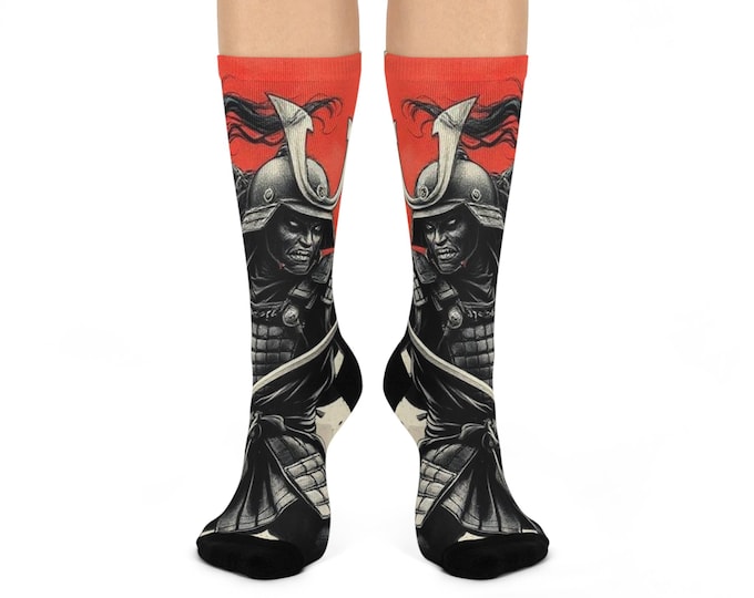 Samurai Helmet Warrior Crew Socks | Red Sun Armor Illustration