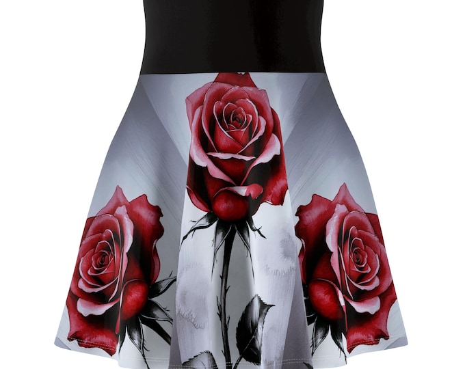 Red Rose Illustration Skater Skirt | Gothic Floral AOP