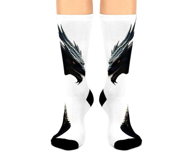 Black Dragon Head Crew Socks | Mythical Fantasy Dragon Design