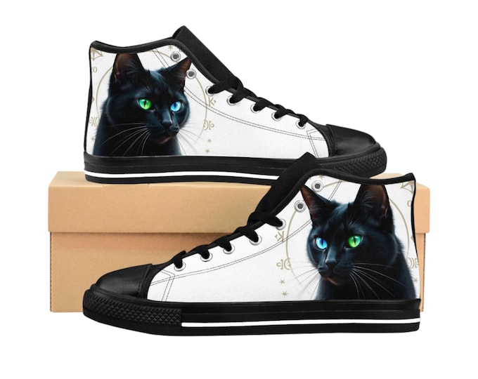 Black Cat Portrait Sneakers | High Top Canvas Shoes