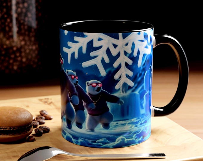 Polar Bear Crew Mug | Sunglasses, Snowflakes, Winter Scene (11 oz, 15 oz)