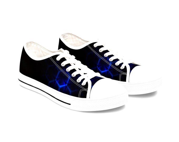 Blue Hexagon Circuit Pattern Women's Low Top Sneakers | Tech Grid Design