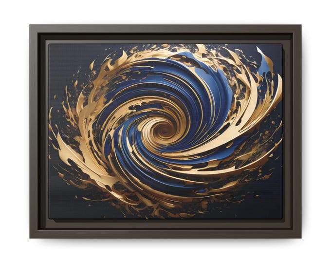 Gold and Navy Swirl Abstract Matte Canvas Framed | Modern Wall Art
