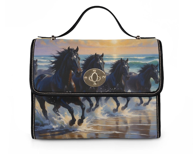Running Horses Beach Print Waterproof Canvas Bag | Horse Scene Shoulder Bag