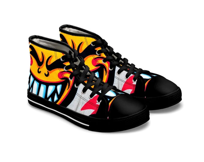 Evil Smile Graffiti Emoji Face High Top Sneakers | Neon Street Art Shoes