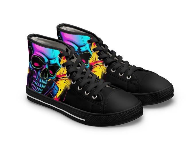 Neon Skull High Top Sneakers | Colorful Grunge Skate Shoes
