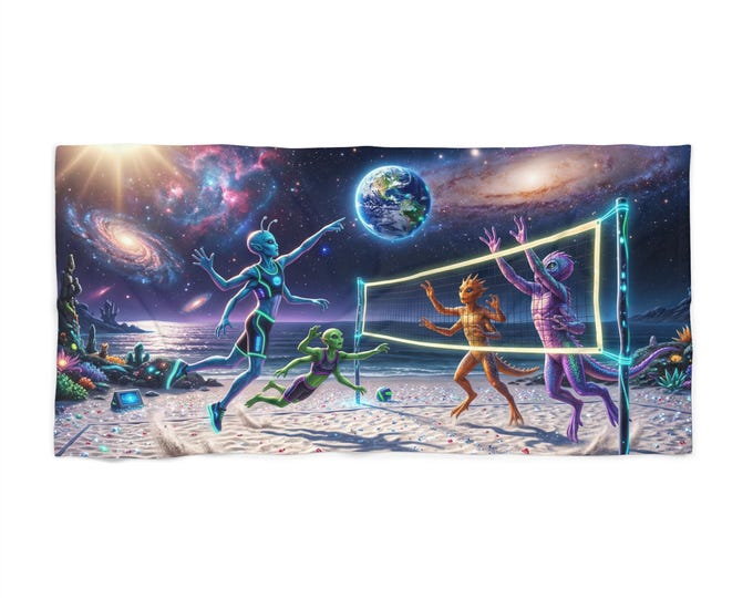Alien Beach Volleyball Scene Beach Towel | Cosmic Surf, Neon Extraterrestrials