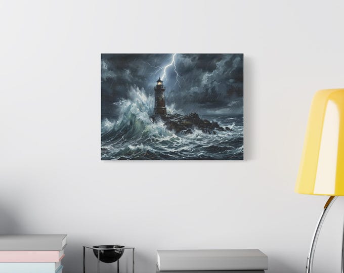 Stormy Lighthouse Matte Canvas | Seascape Wall Art, Lightning Ocean Print