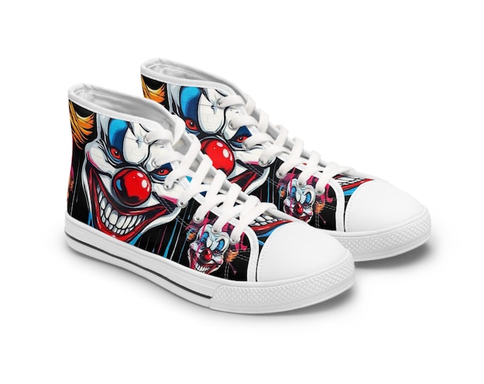 Scary Grinning Clown Women's High Top Sneakers | Horror Face, Colorful Creepy Art