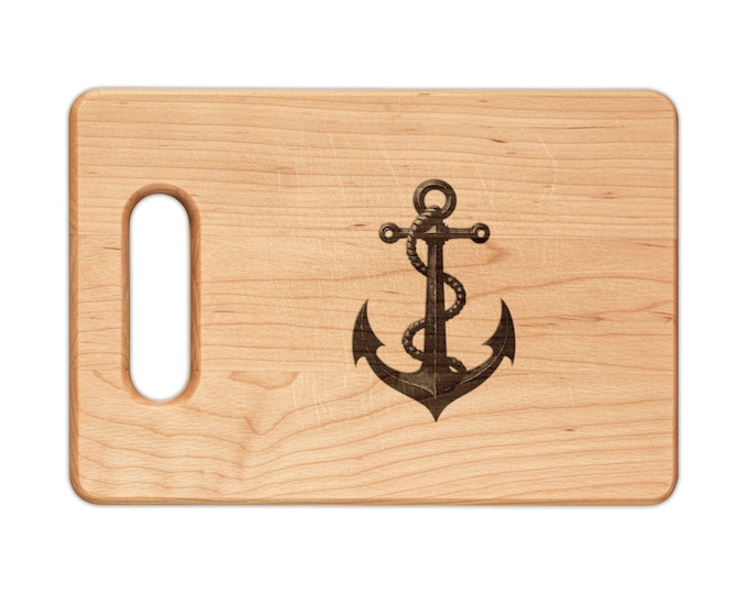 Nautical Anchor Engraved Wooden Cutting Board | Rustic Paddle or Rectangle