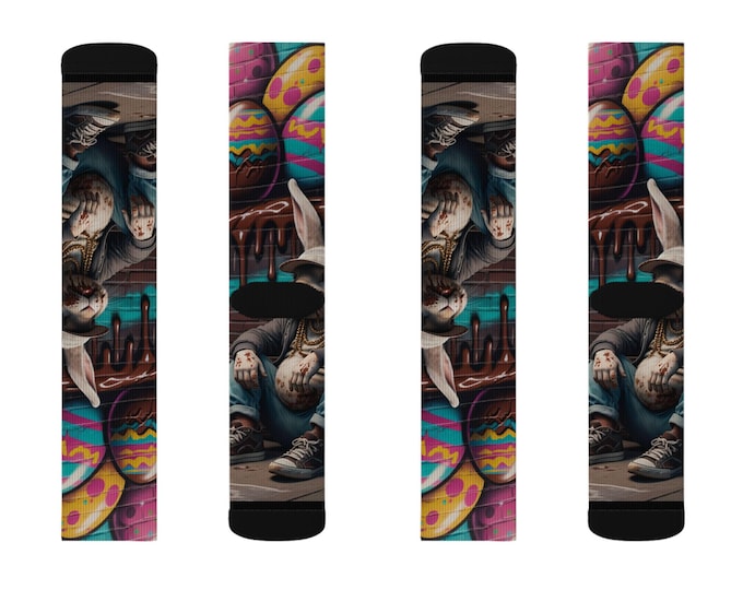Bunny Graffiti Socks | Colorful Egg & Street Art Print Crew Socks