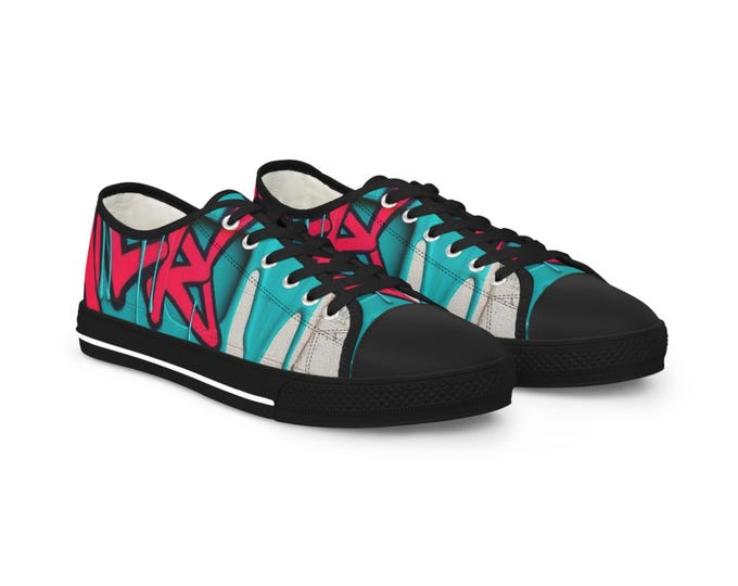 Teal Pink Graffiti Sneakers | Men's Low Top Street Art Canvas Shoes