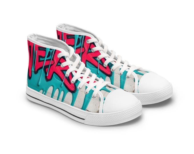 Teal Pink Street Graffiti Women's High Top Sneakers | Street Art Pattern