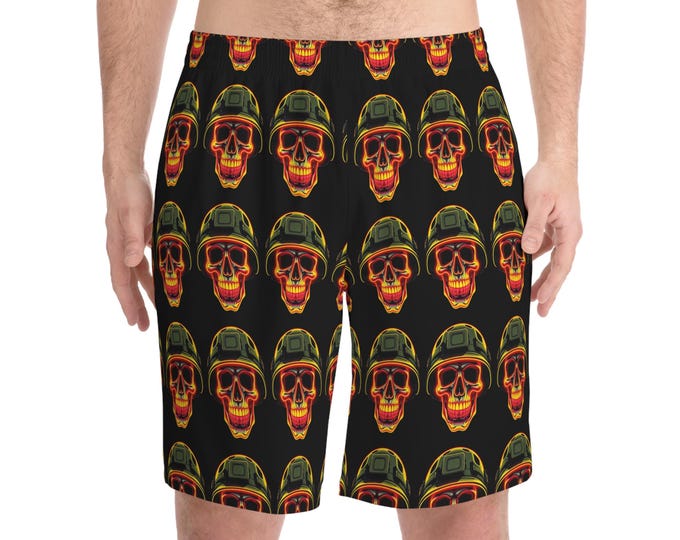 Retro Soldier Skull Pattern Swim Shorts | Beach Shorts, All-Over Print