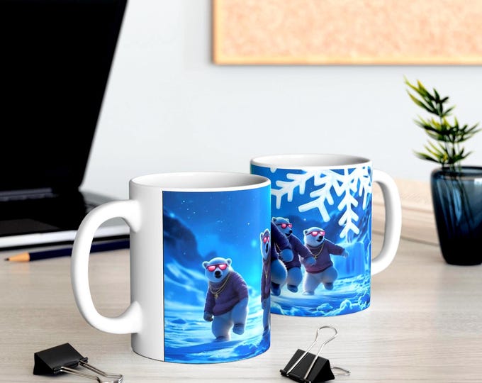 Polar Bear Crew Mug | Winter Night, Sunglasses, Snowflakes, Ceramic Drinkware