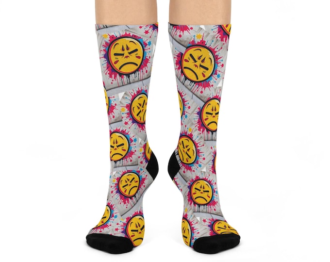 Angry Emoji Pattern Cushioned Crew Socks | Colorful Tie-Dye Background