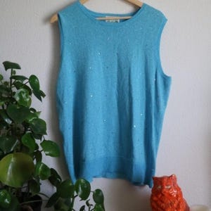 Vintage Quacker Factory Sleeveless Sweater Vest: Aqua Blue Ramie Cotton Sequin Knit Top