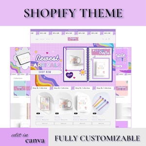 May include: A Shopify theme design in shades of purple, showcasing a website layout with product displays, including mugs and stationery. The design features the text "Newest Arrivals" and "Shop Now". The theme is described as "Fully Customizable".
