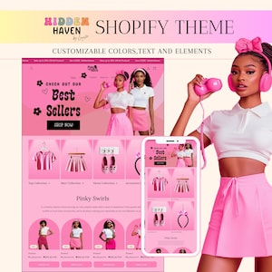 May include: An advertisement for a Shopify theme, featuring a pink and white design. The text includes "Hidden Haven by Leno" and "Shopify Theme." The layout displays a website with "Best Sellers" and product images. A woman is holding a pink telephone.