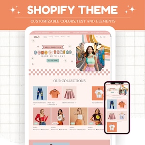 Peut inclure: Thème Shopify affiché sur une tablette et un smartphone. La tablette présente un site web avec le texte "BOHO THREAD" et des collections de produits. Le smartphone reflète le site web. Le thème est personnalisable avec des couleurs, du texte et des éléments.