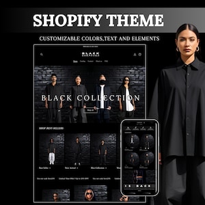 May include: A Shopify theme advertisement featuring a website and a smartphone displaying a black clothing collection. The website showcases models in black outfits. Text includes "Shopify Theme" and "Black Collection."