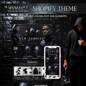 Könnte beinhalten: Werbebild für ein Shopify-Theme, das eine Website und eine mobile Anzeige zeigt. Das Theme präsentiert einen schwarzen Hoodie und andere Kleidung. Der Text enthält "Midnight Rebel", "New Arrival" und "Customizable Colors, Text and Elements."