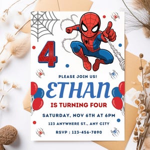 May include: A birthday invitation card featuring a red and blue Spider-Man character, a large number 4 with a web pattern, and text that reads: PLEASE JOIN US! ETHAN IS TURNING FOUR, SATURDAY, NOV 6TH AT 6PM, 123 ANYWHERE ST., ANY CITY, RSVP: 123-456-7890.