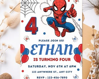 Modèle d'invitation d'anniversaire Spider-Man, invitation de fête de super-héros modifiable pour les garçons téléchargement numérique