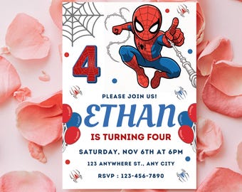Modello di invito di compleanno di Spider-Man, invito per festa di supereroi modificabile, download digitale, modello Canva per invito di compleanno per bambini di Spider-Man