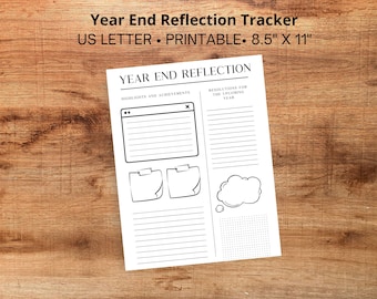 May include: Printable year-end reflection tracker in black and white. The tracker has sections for highlights and achievements, resolutions for the upcoming year, and a thought bubble.