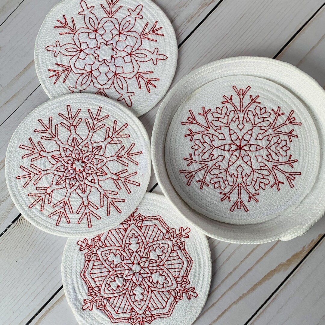 Redwork Snowflake DIGITAL DOWNLOAD - Coaster Size Redwork Snowflake Set of 4 - Machine ...
