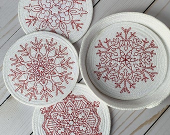 DIGITAL DOWNLOAD - Coaster Size Redwork Snowflake Set of 4 - machine embroidery design - MollyMade