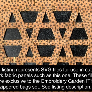Puede incluir: Primer plano de un panel de tela de corcho con un patrón geométrico de triángulos y trapecios negros recortados. El texto "This listing represents SVG files for use in cutting cork fabric panels such as this one. These files are exclusive to the Embroidery Garden ITH zippered bags set. See listing description." es visible en la parte inferior de la imagen.