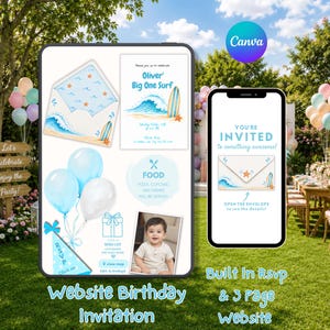 Peut inclure: Un modèle de site web d'invitation d'anniversaire numérique sur le thème du surf avec des vagues, des planches de surf et des étoiles de mer. Le design inclut une enveloppe, une photo d'enfant, des ballons bleus et le texte Oliver's Big One Surf.