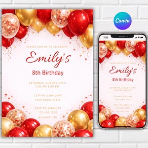 Red and Gold Balloon Birthday Invitation | Elegant Party Template (Instant Download)