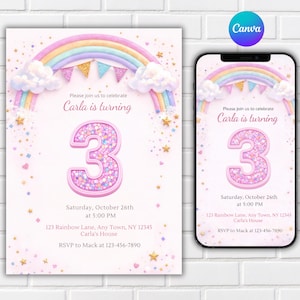 3rd Birthday Rainbow Invitation Template | Pastel Kids Birthday Party Invite, Editable Canva Invitation, Girl Rainbow Party