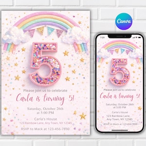 Editable Rainbow Sequin 5th Birthday Invitation | Pastel Glitter Rainbow Party Invite | Colorful Canva Digital Download