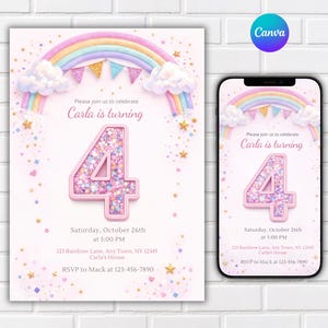 May include: A pink birthday invitation with a rainbow, clouds, and a glittery number 4. The text reads "Carla is turning 4" and includes event details. A smartphone displays the same design.