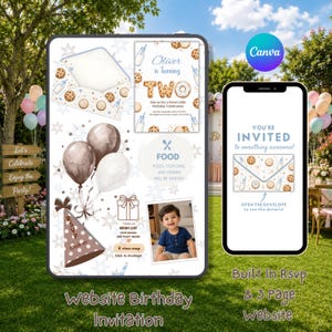 May include: A digital birthday invitation template featuring a cookie and milk theme with balloons, a party hat, and a photo placeholder. The design includes text such as Oliver is Turning TWO, RSVP, and a mobile phone display showing an invitation envelope.