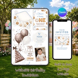 May include: A digital birthday invitation template featuring a cookie and milk theme with an envelope, balloons, a party hat, and a photo placeholder. The design includes text such as Oliver is Turning ONE, Food, and Wish List, displayed on a tablet and smartphone screen.