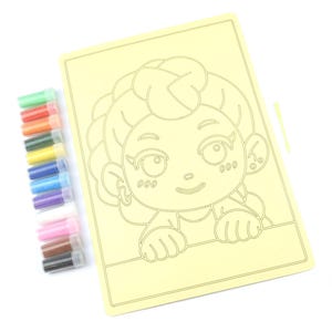 May include: A light yellow colouring board with a cartoon character outline, and a set of colourful glitter tubes. The board is rectangular with a border. The glitter tubes are arranged in a row, with various colours visible.