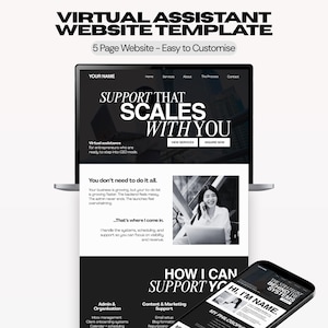 May include: A virtual assistant website template displayed on a laptop and smartphone screen. The design features a black and white colour scheme with bold typography, including the text VIRTUAL ASSISTANT WEBSITE TEMPLATE and 5 Page Website.