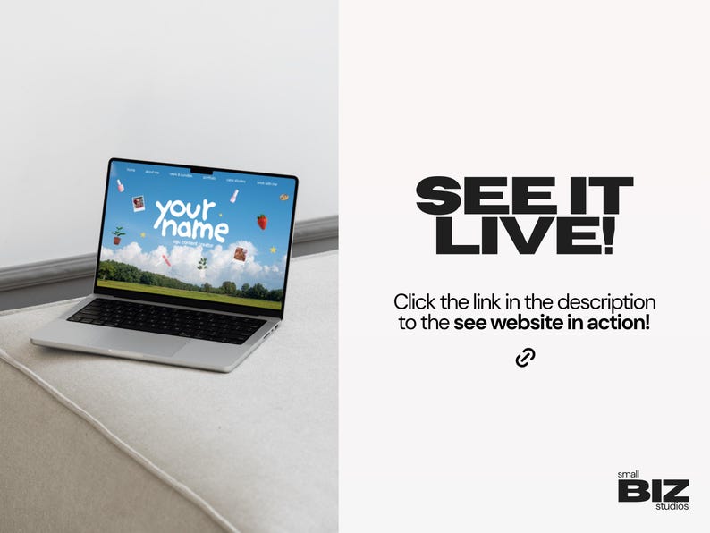 May include: A silver laptop displaying a website with the text 'your name' against a blue sky and green field background. The right side features bold black text reading 'SEE IT LIVE! Click the link in the description to the see website in action!'